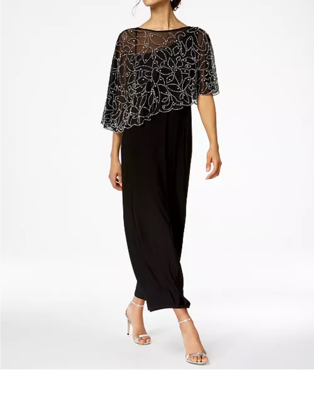 MSK Black Evening Gown Dress with Beaded Asymmetric Cape